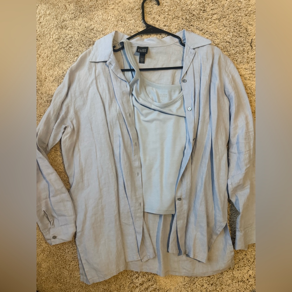 new eileen fisher dusty Blue button up with matching tank med